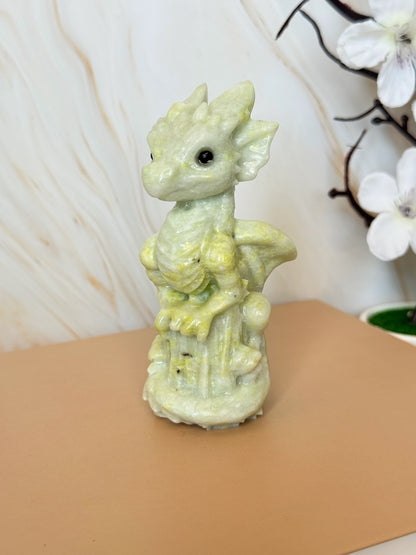 Crystal Baby Dragon Carving | Lemon Jade, Alashan Jade & Garnet | 10cm | China