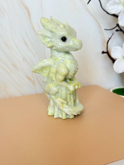 Crystal Baby Dragon Carving | Lemon Jade, Alashan Jade & Garnet | 10cm | China