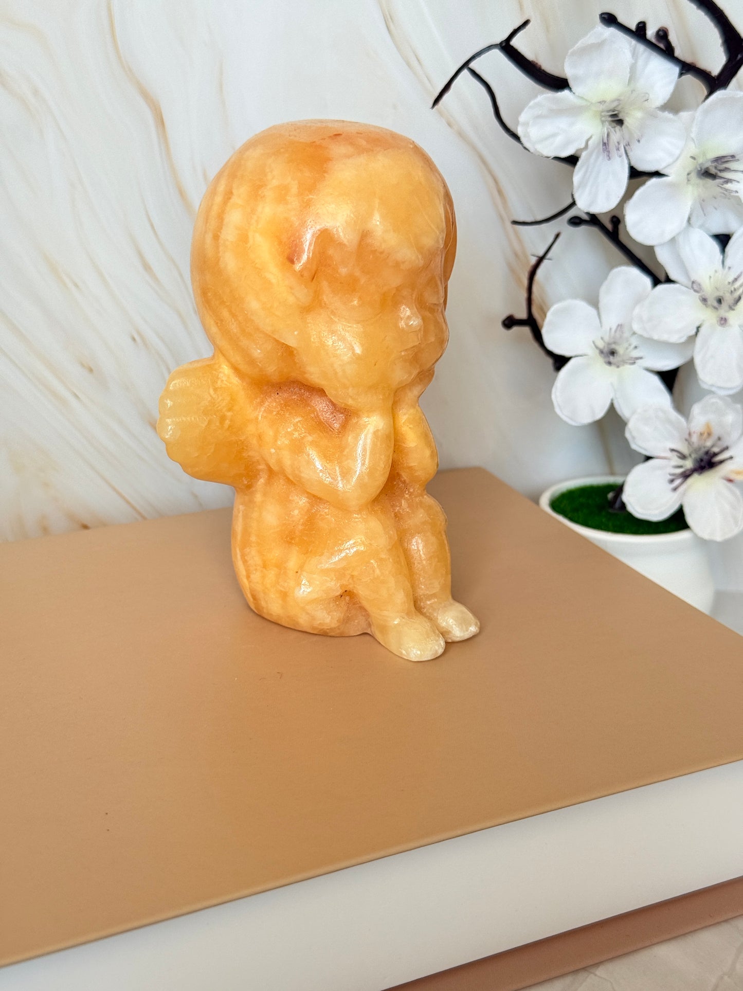 Carved Yellow Calcite Cherub | Crystal Angel for Joy & Abundance | 11cm