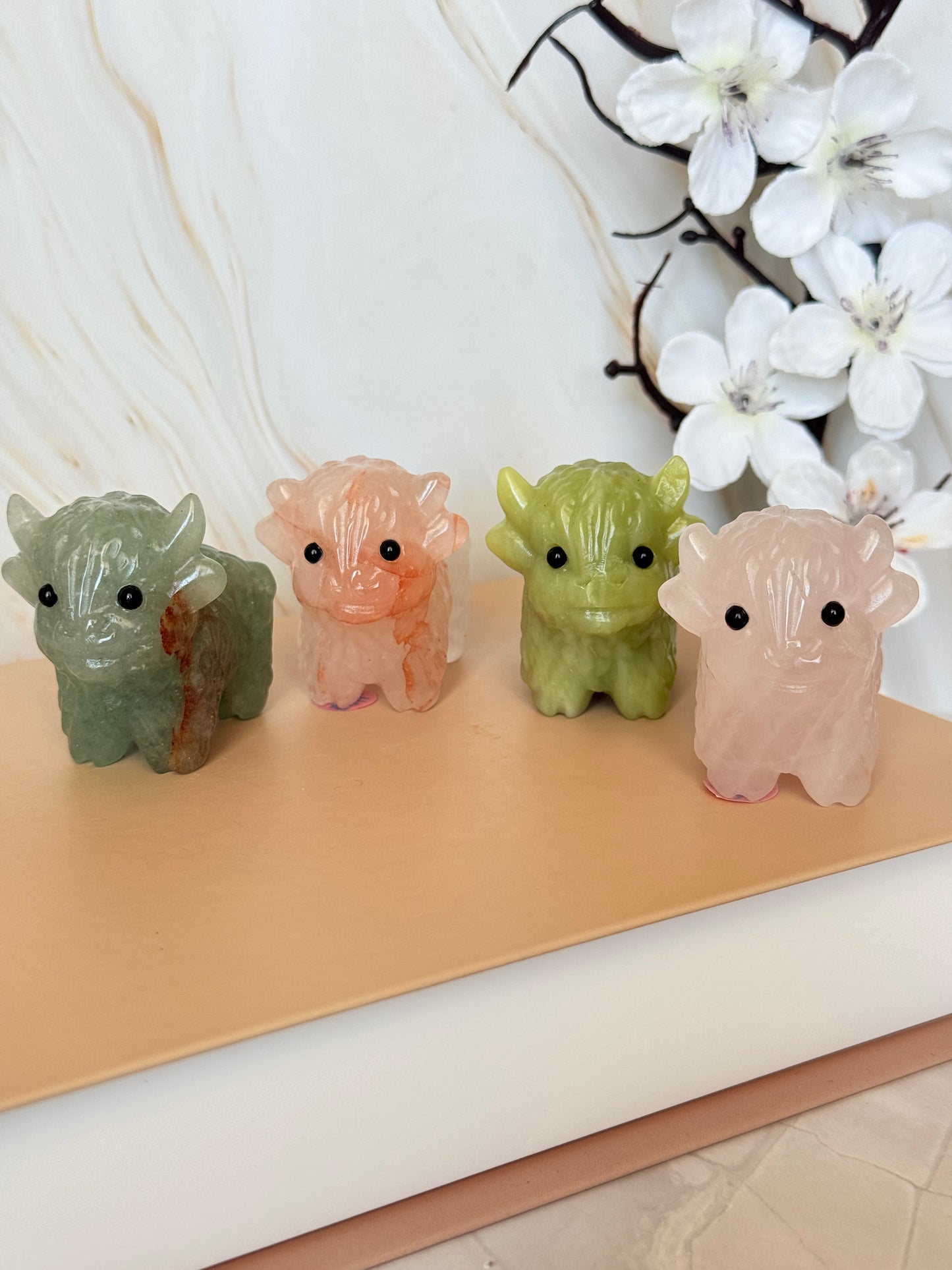 Crystal Highland Cow Carving | Natural Gemstone | 6cm | Multiple Stones