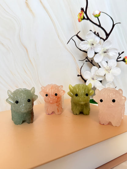 Crystal Highland Cow Carving | Natural Gemstone | 6cm | Multiple Stones