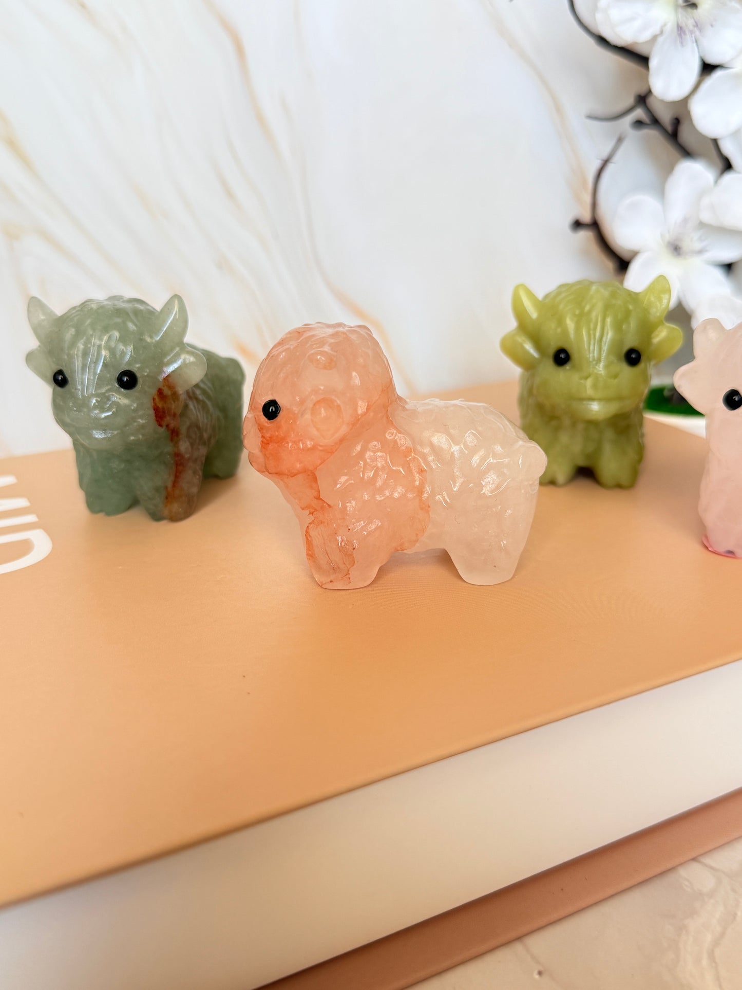 Crystal Highland Cow Carving | Natural Gemstone | 6cm | Multiple Stones