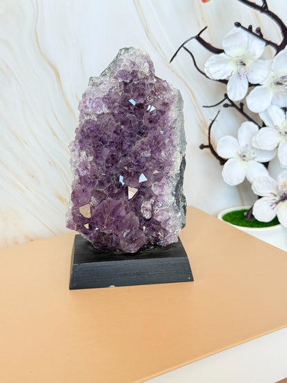 Brazilian Amethyst Cluster on Wooden Base | Raw | One of a Kind | 11–14cm