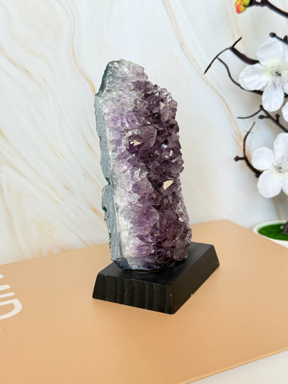 Brazilian Amethyst Cluster on Wooden Base | Raw | One of a Kind | 11–14cm