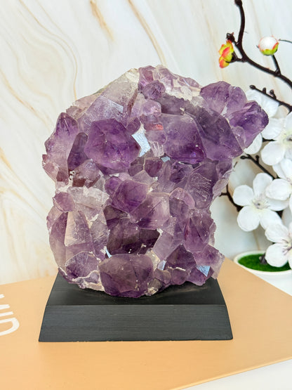Brazilian Amethyst Cluster on Wooden Base | Raw | One of a Kind | 11–14cm
