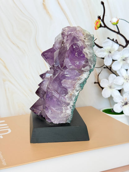 Brazilian Amethyst Cluster on Wooden Base | Raw | One of a Kind | 11–14cm