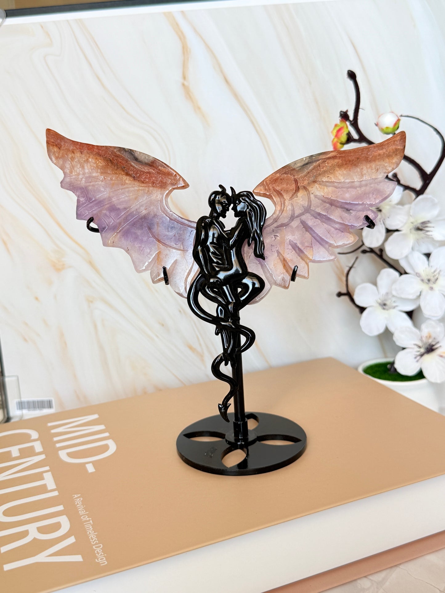 Crystal Angel Wings Carving on Stand | Natural Agate & Amethyst | 17cm