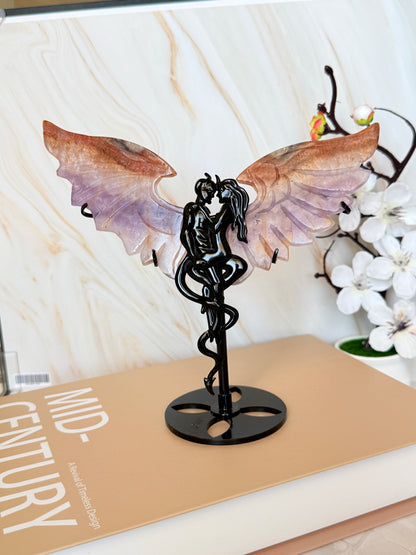 Crystal Angel Wings Carving on Stand | Natural Agate & Amethyst | 17cm