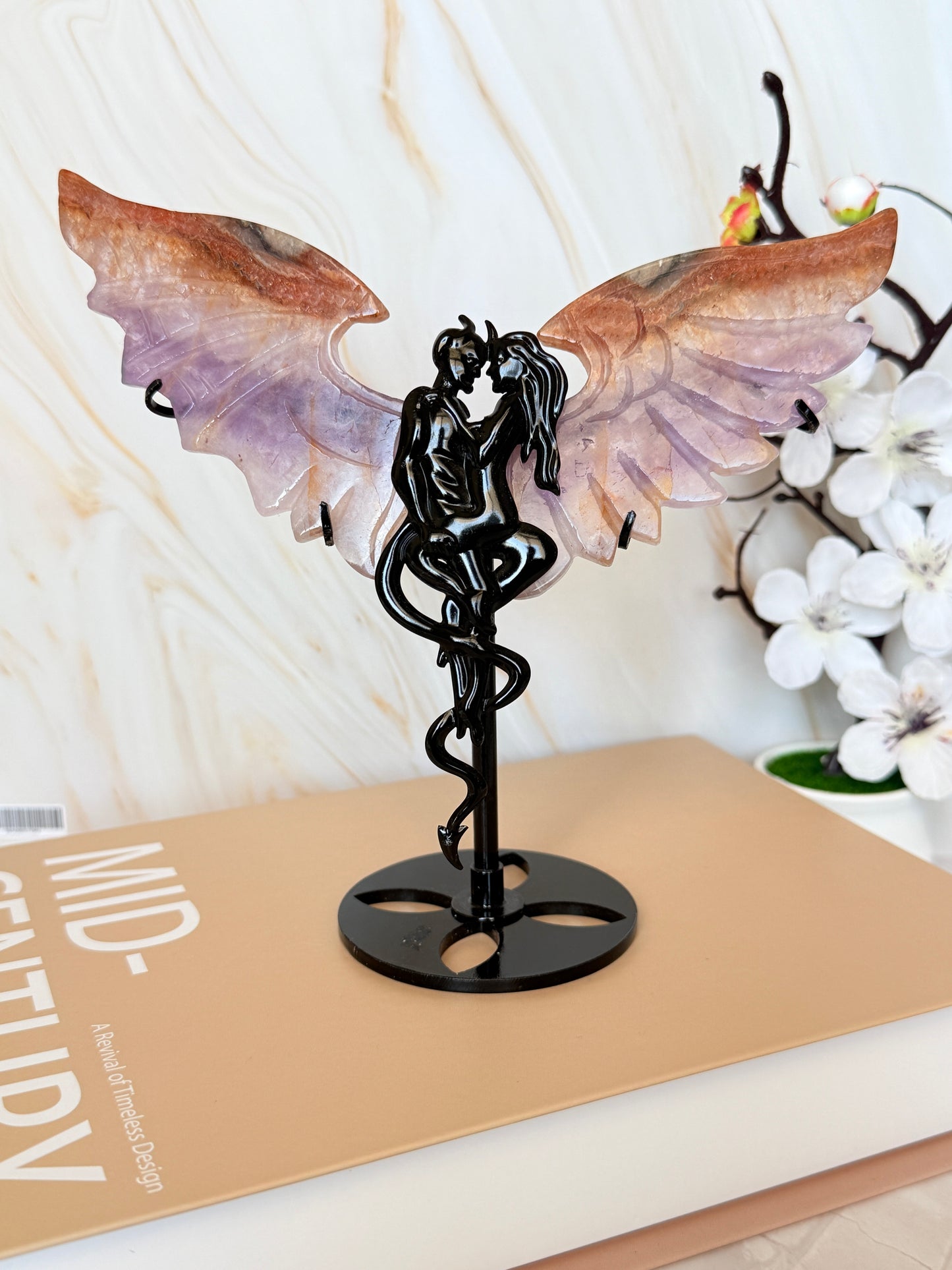 Crystal Angel Wings Carving on Stand | Natural Agate & Amethyst | 17cm