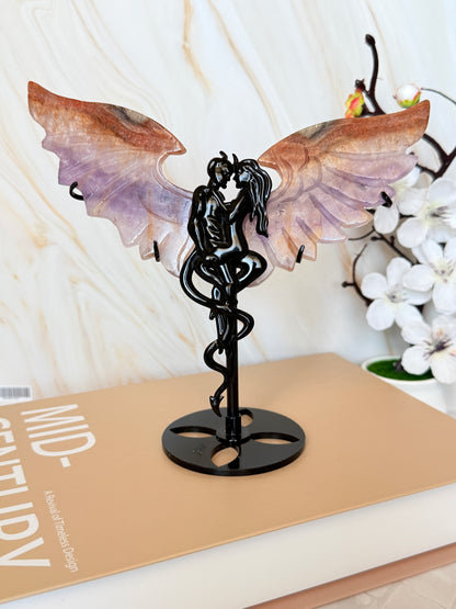 Crystal Angel Wings Carving on Stand | Natural Agate & Amethyst | 17cm