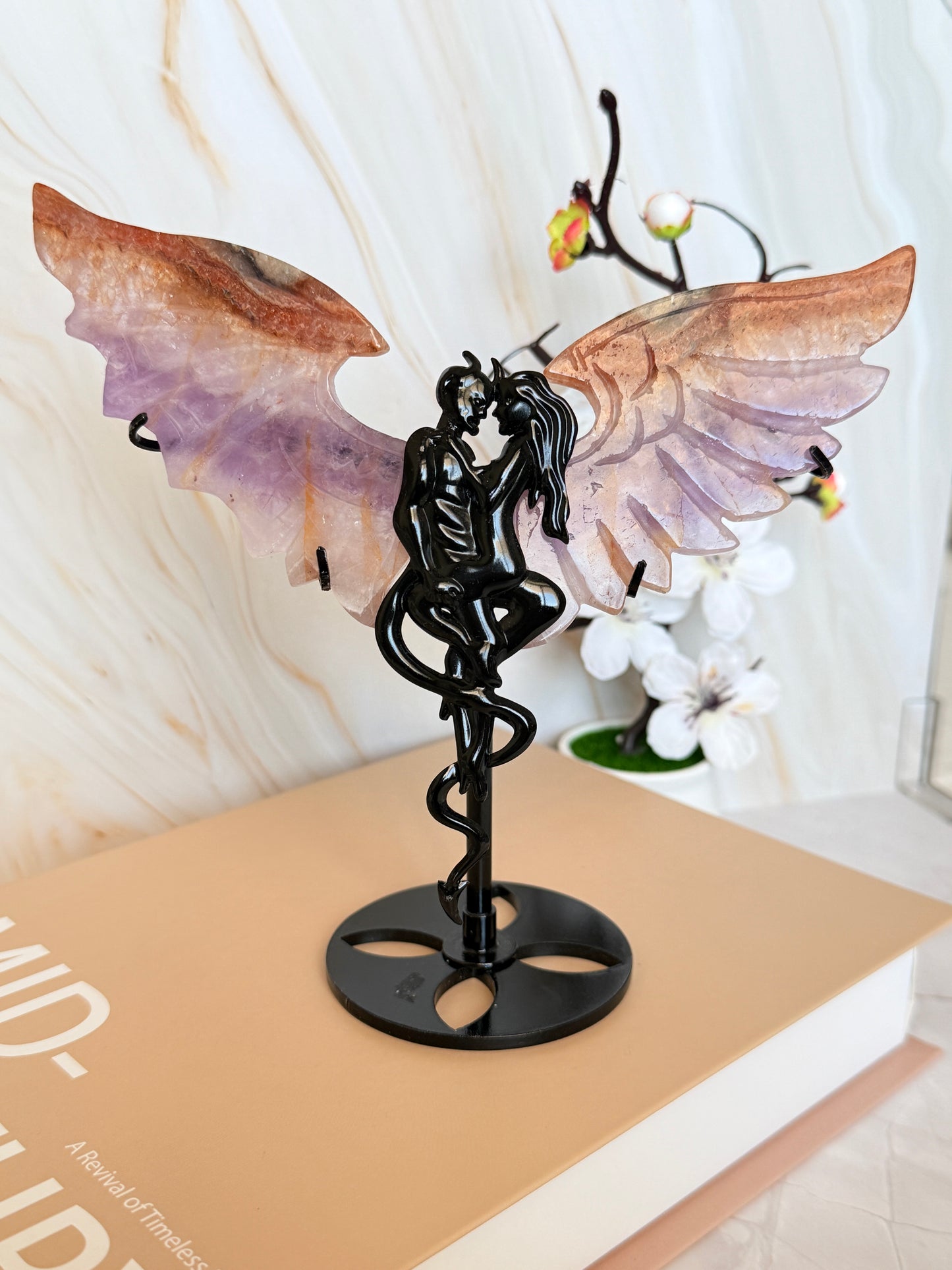 Crystal Angel Wings Carving on Stand | Natural Agate & Amethyst | 17cm