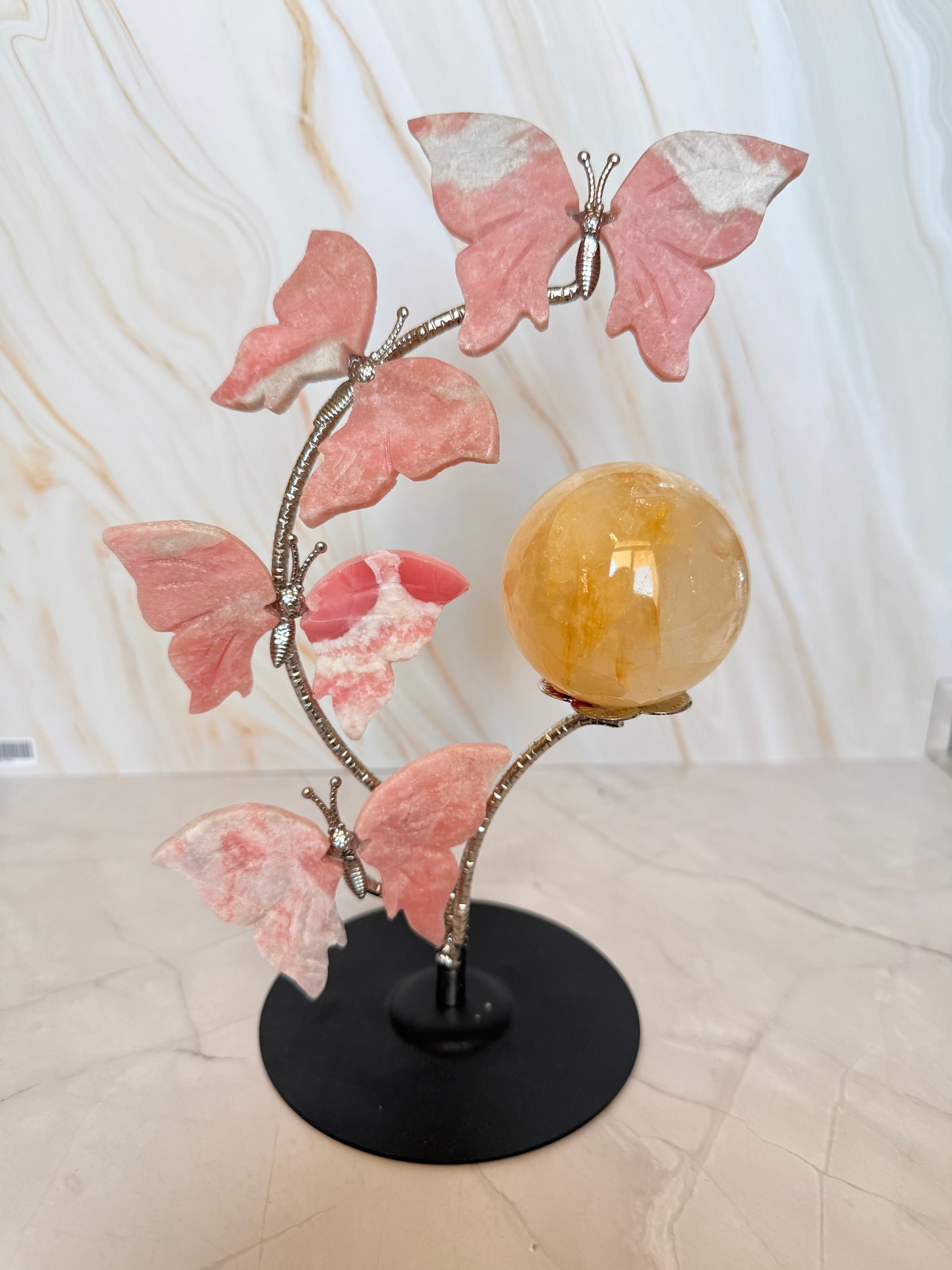 Pink Opal Butterfly Tree Display | Crystal Sphere Holder | Love & Calm