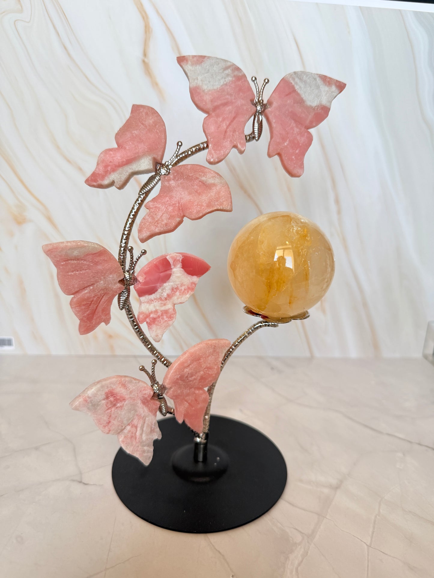 Pink Opal Butterfly Tree Display | Crystal Sphere Holder | Love & Calm