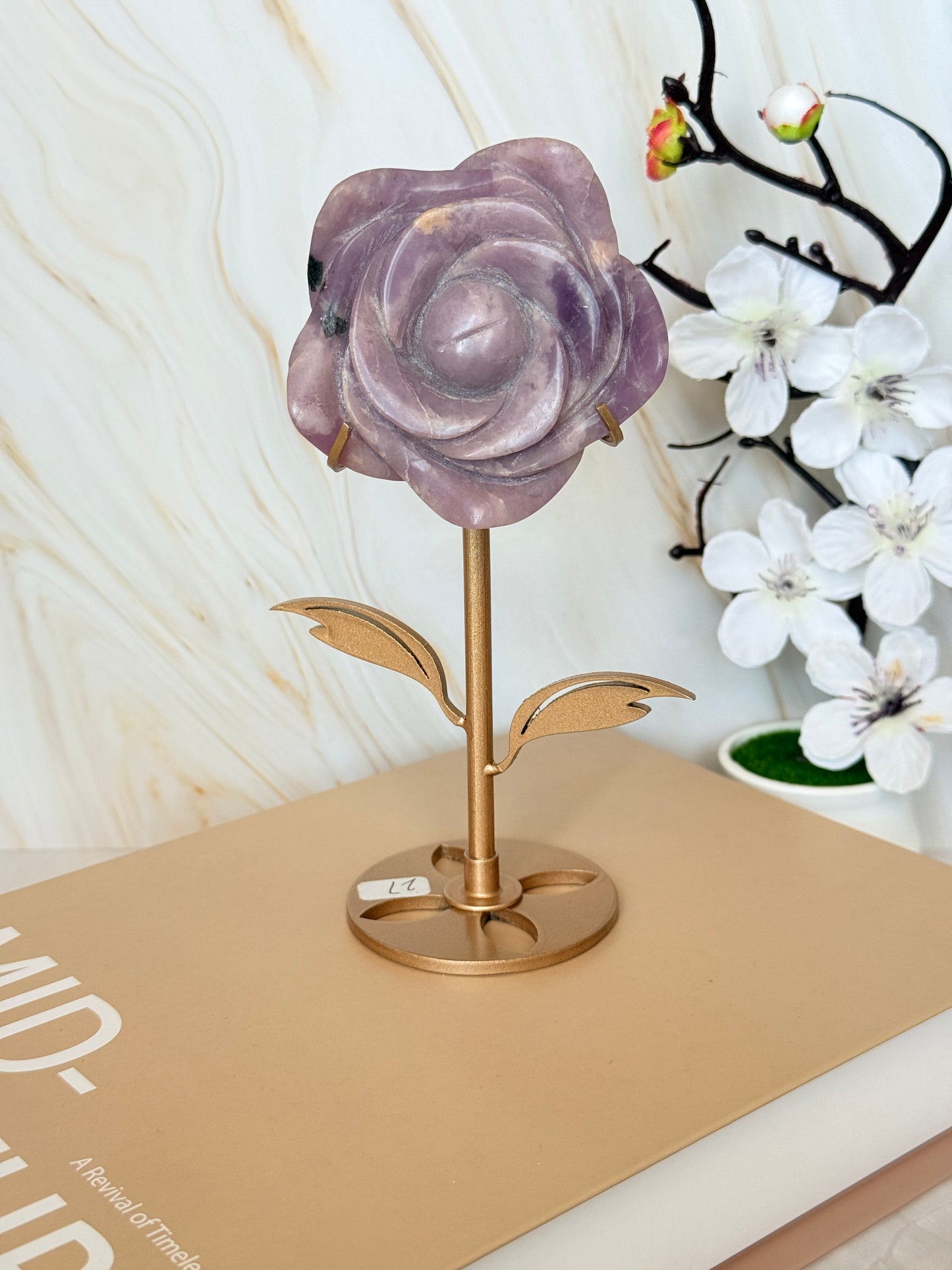 Crystal Rose Flower on Gold Stand | Natural Gemstone | 15.5cm | Choose Your Stone