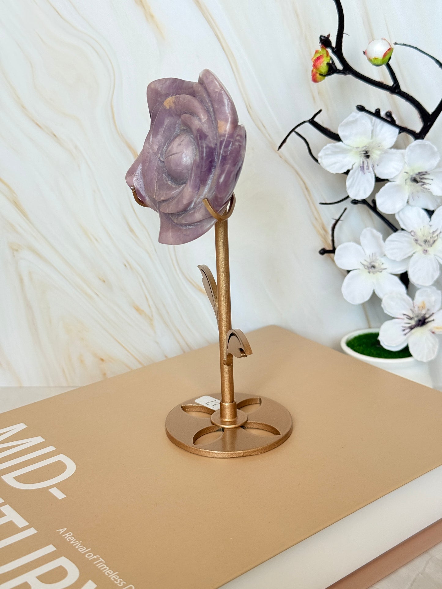 Crystal Rose Flower on Gold Stand | Natural Gemstone | 15.5cm | Choose Your Stone