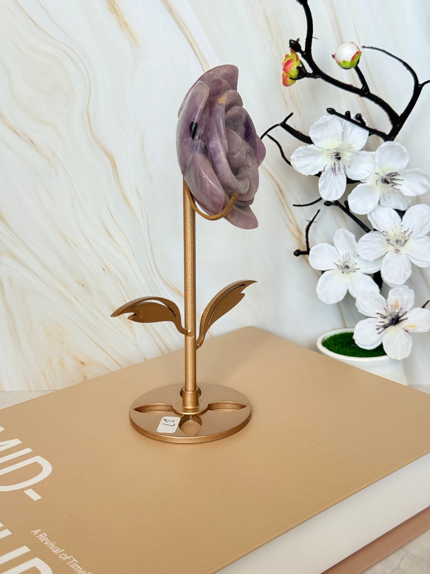Crystal Rose Flower on Gold Stand | Natural Gemstone | 15.5cm | Choose Your Stone