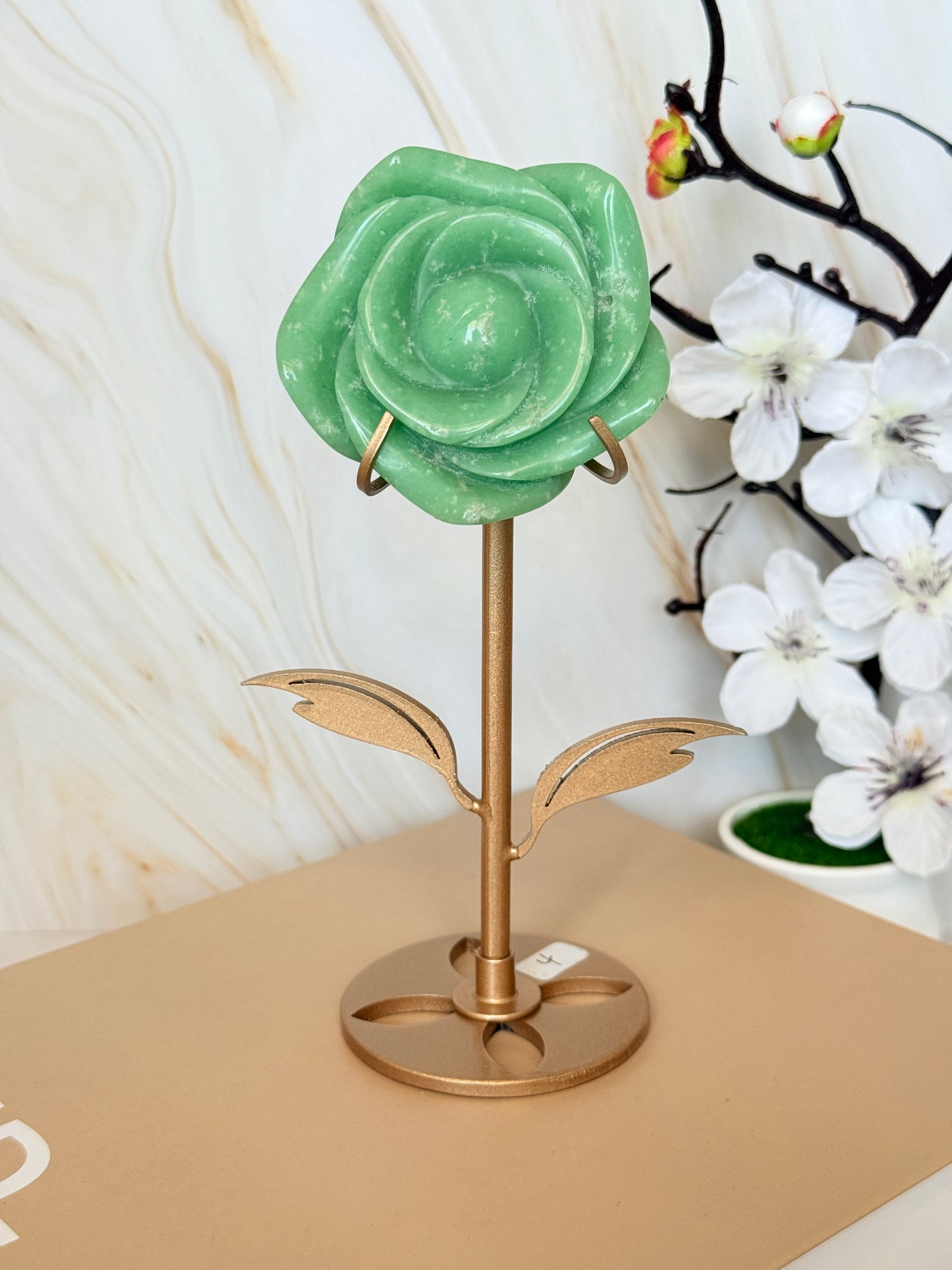 Crystal Rose Flower on Gold Stand | Natural Gemstone | 15.5cm | Choose Your Stone