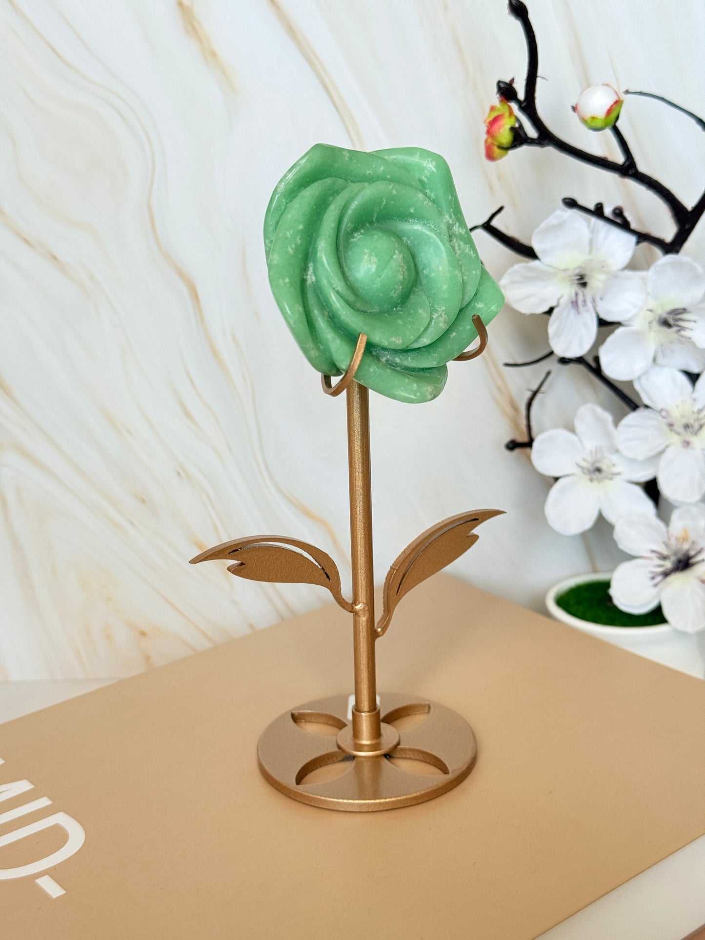 Crystal Rose Flower on Gold Stand | Natural Gemstone | 15.5cm | Choose Your Stone