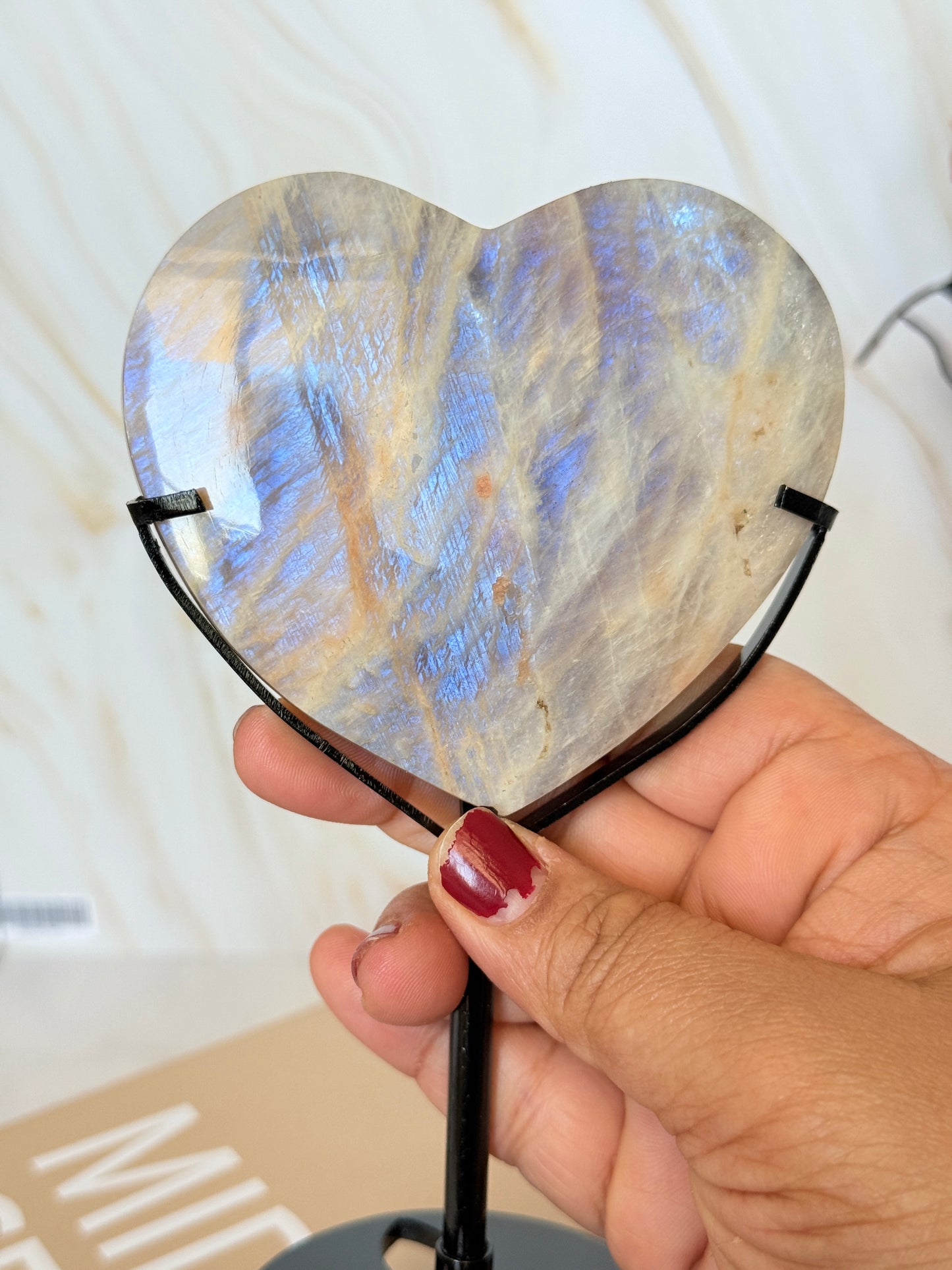 Flashy Moonstone Heart Display | Blue Adularescence | Tanzania | Intuition & Magic