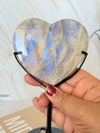 Flashy Moonstone Heart Display | Blue Adularescence | Tanzania | Intuition & Magic