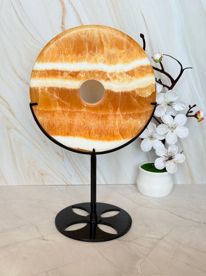 Yellow Calcite Pi Disc on Stand | Crystal Donut | 24.5cm | One of a Kind