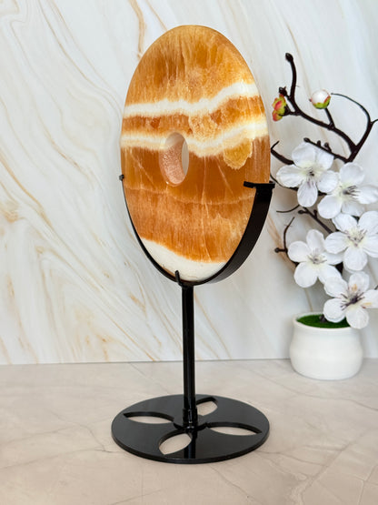 Yellow Calcite Pi Disc on Stand | Crystal Donut | 24.5cm | One of a Kind