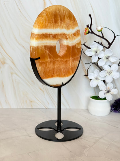 Yellow Calcite Pi Disc on Stand | Crystal Donut | 24.5cm | One of a Kind