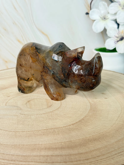 Crystal Rhino Carving | Golden Healer Quartz & African Bloodstone | China