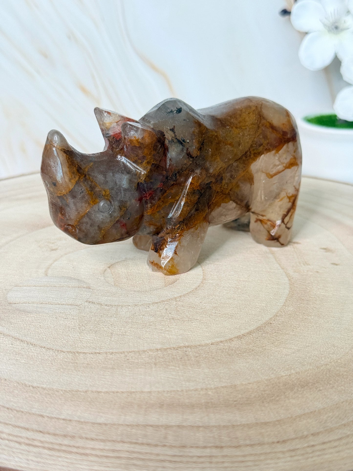 Crystal Rhino Carving | Golden Healer Quartz & African Bloodstone | China