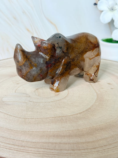Crystal Rhino Carving | Golden Healer Quartz & African Bloodstone | China