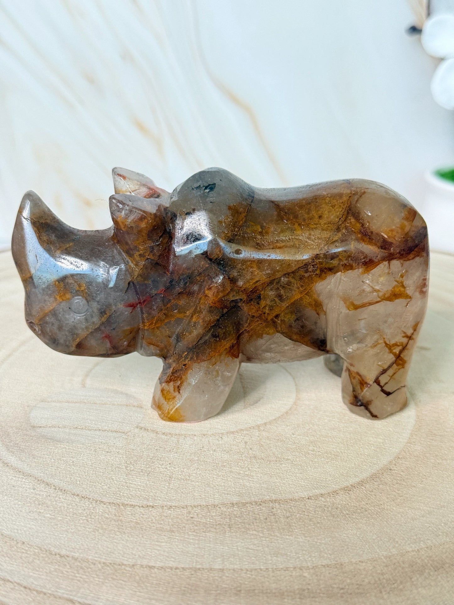 Crystal Rhino Carving | Golden Healer Quartz & African Bloodstone | China