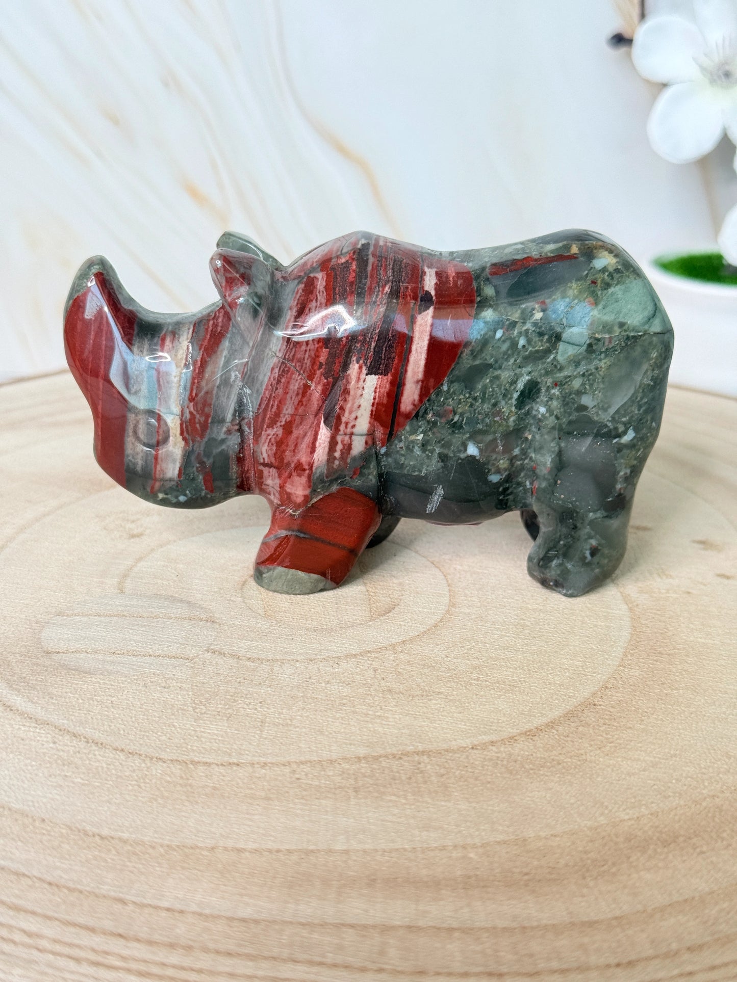 Crystal Rhino Carving | Golden Healer Quartz & African Bloodstone | China