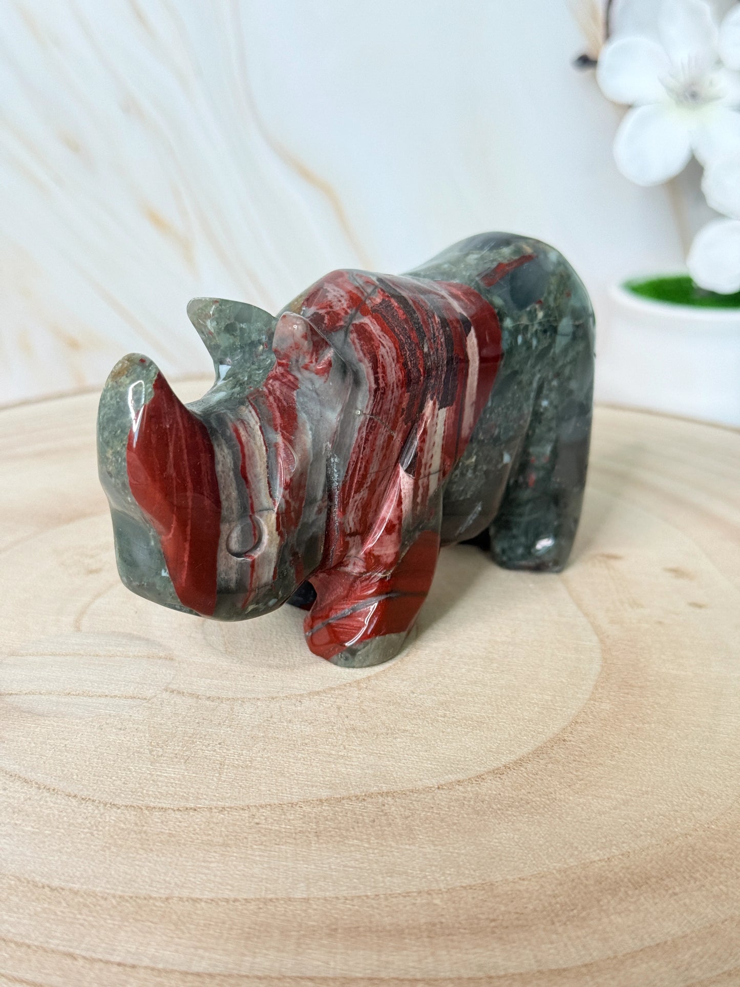 Crystal Rhino Carving | Golden Healer Quartz & African Bloodstone | China
