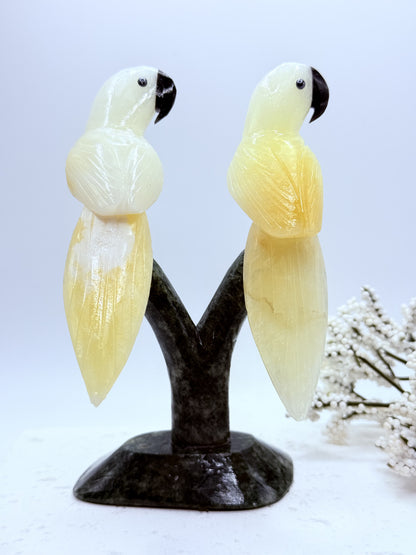 Parrot Carvings in Calcite and Jasper