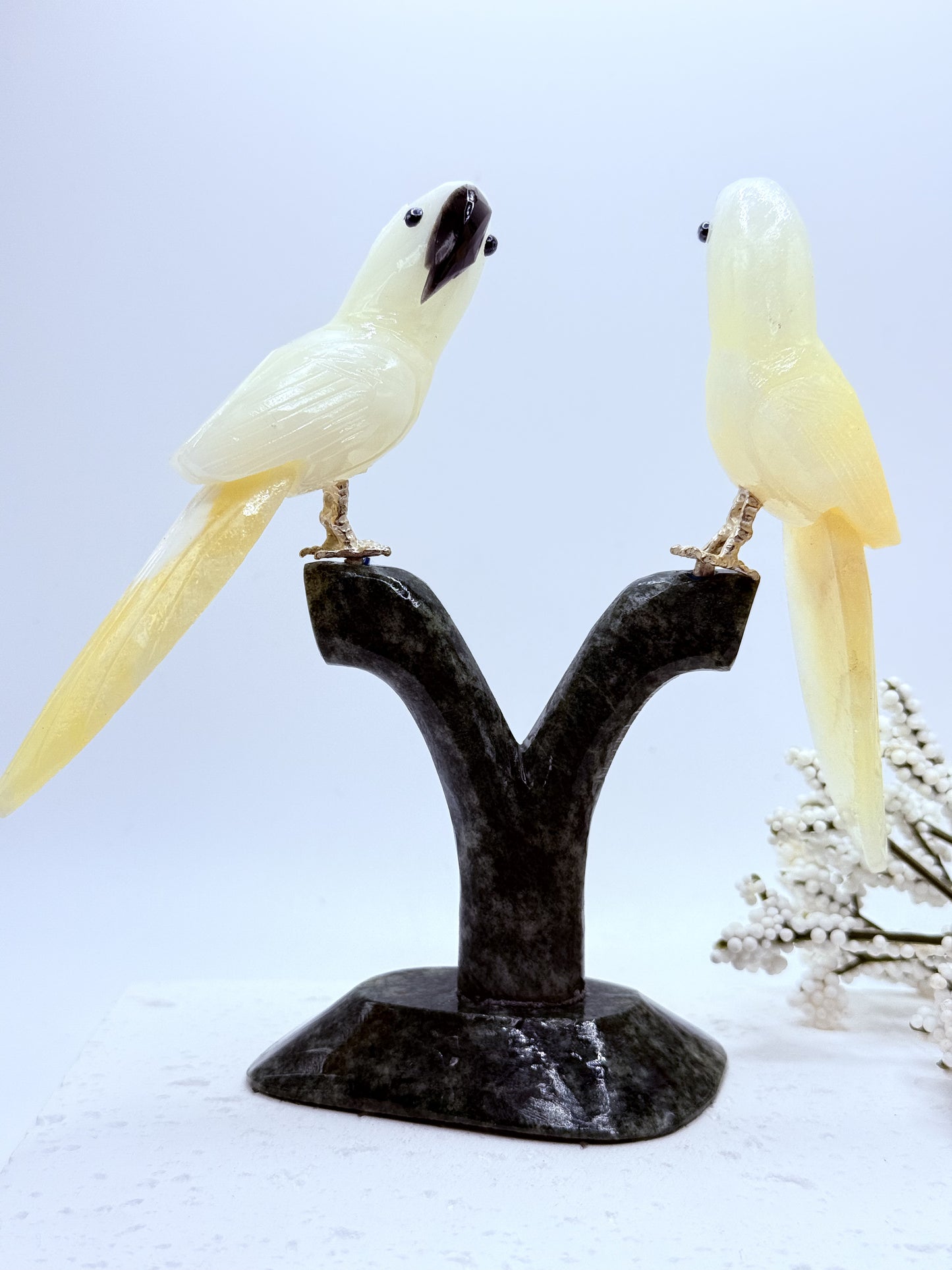 Parrot Carvings in Calcite and Jasper