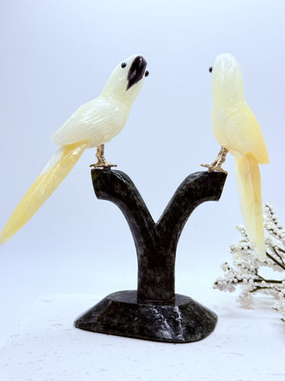 Parrot Carvings in Calcite and Jasper