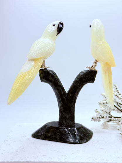 Parrot Carvings in Calcite and Jasper