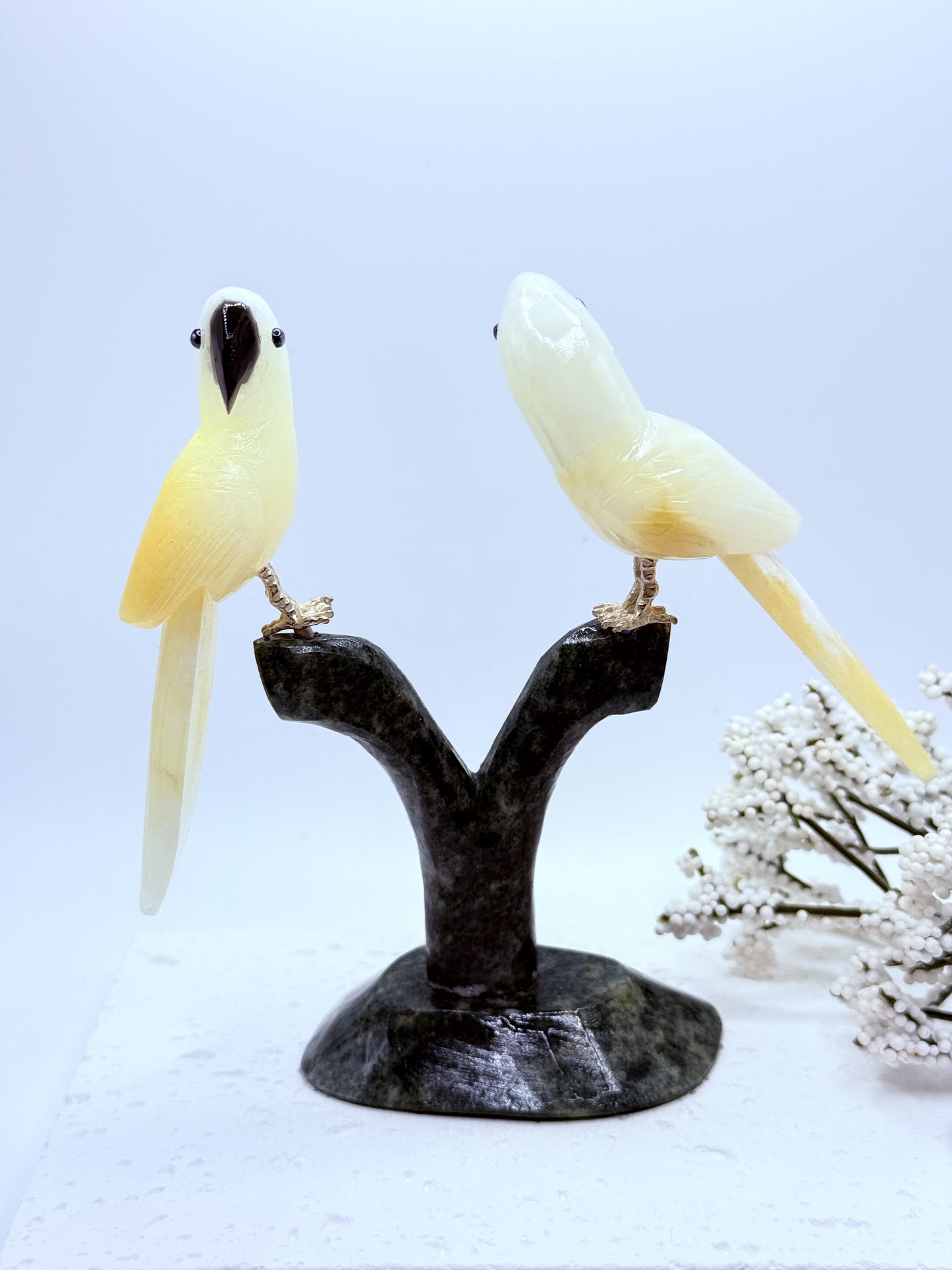 Parrot Carvings in Calcite and Jasper