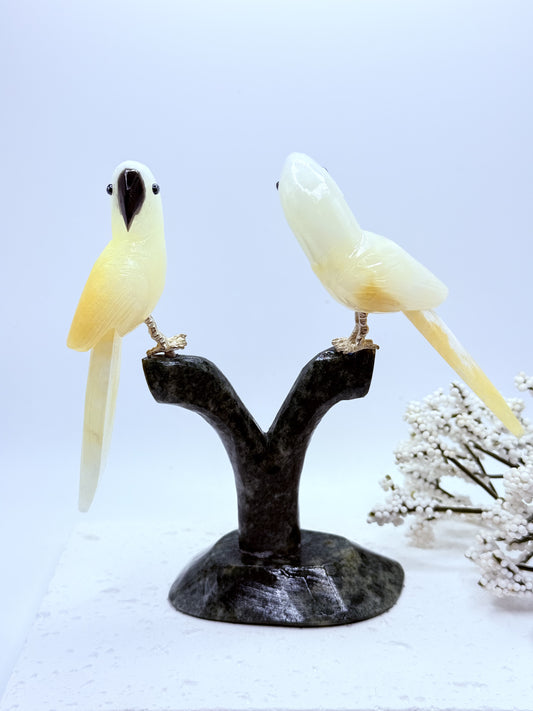 Parrot Carvings in Calcite and Jasper