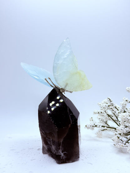 Pistachio Calcite Butterfly on Smokey Quartz Point