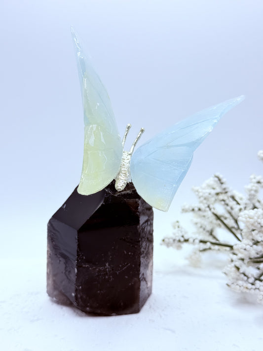 Pistachio Calcite Butterfly on Smokey Quartz Point