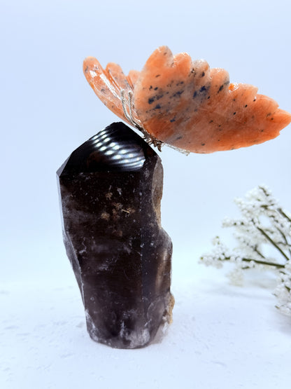 Sunstone Butterfly on Smoky Quartz Point