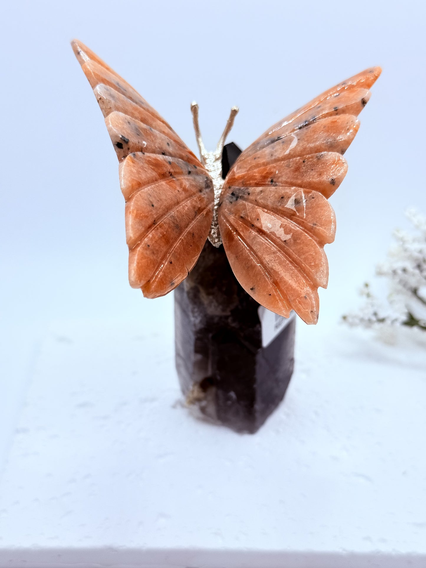 Sunstone Butterfly on Smoky Quartz Point