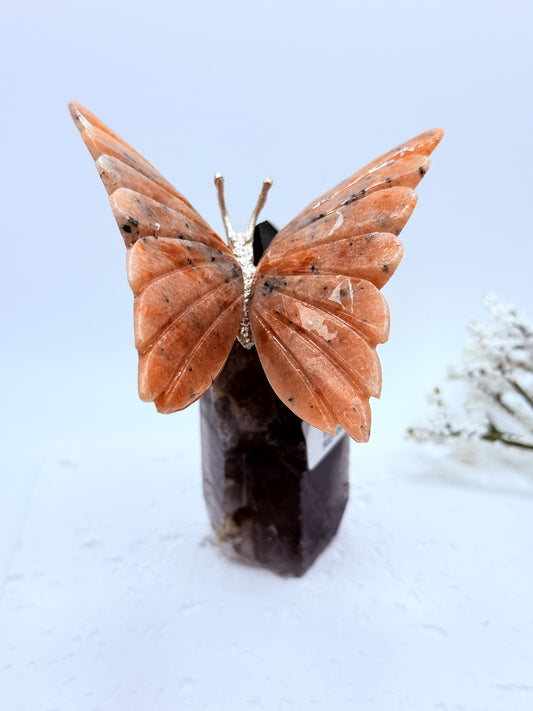 Sunstone Butterfly on Smoky Quartz Point