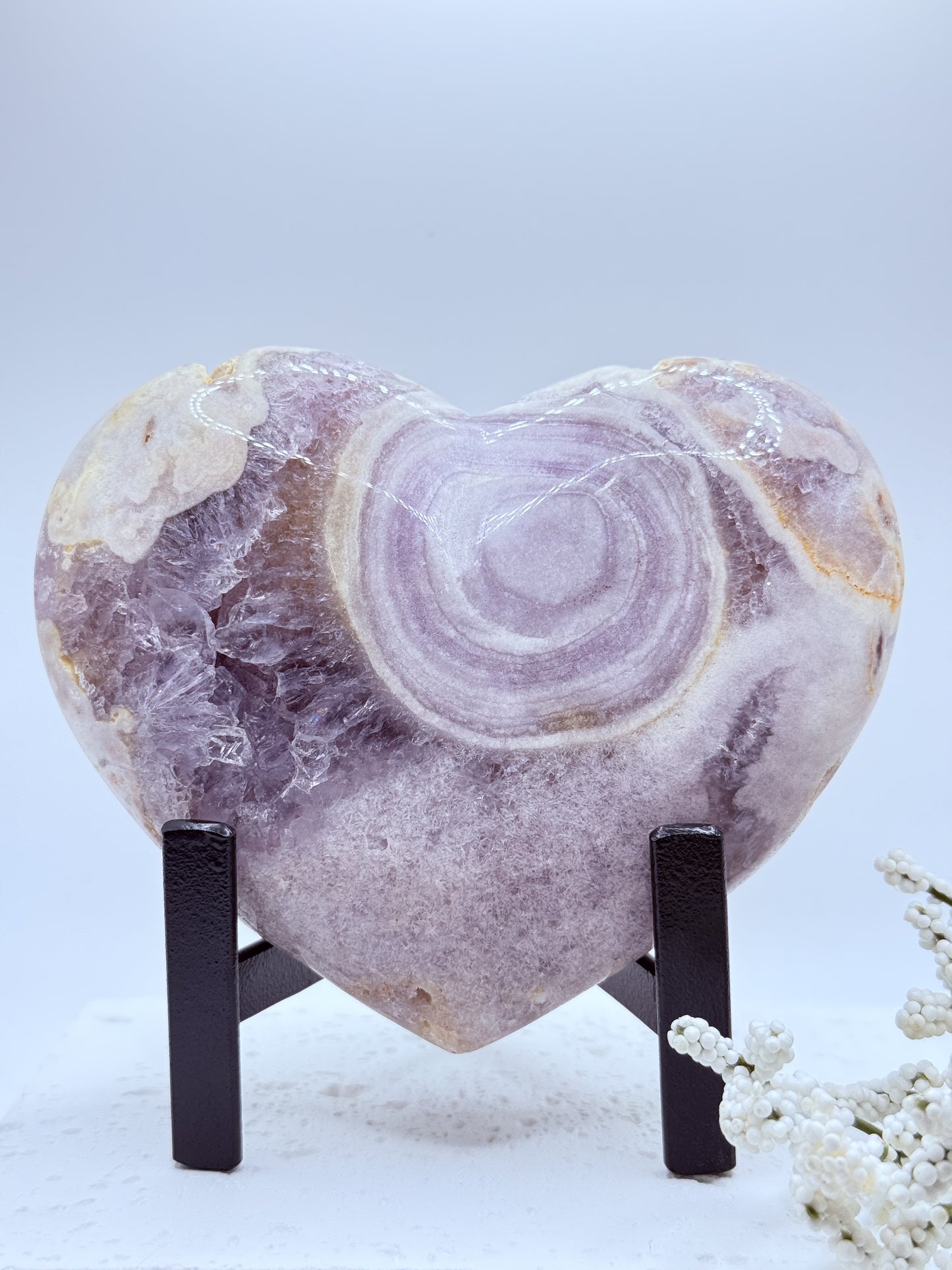 Amethyst & Flower Agate Heart Carving
