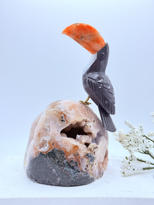Toucan Carving on Pink Amethyst Cut Base – Tropical Charm Meets Tranquil Energy