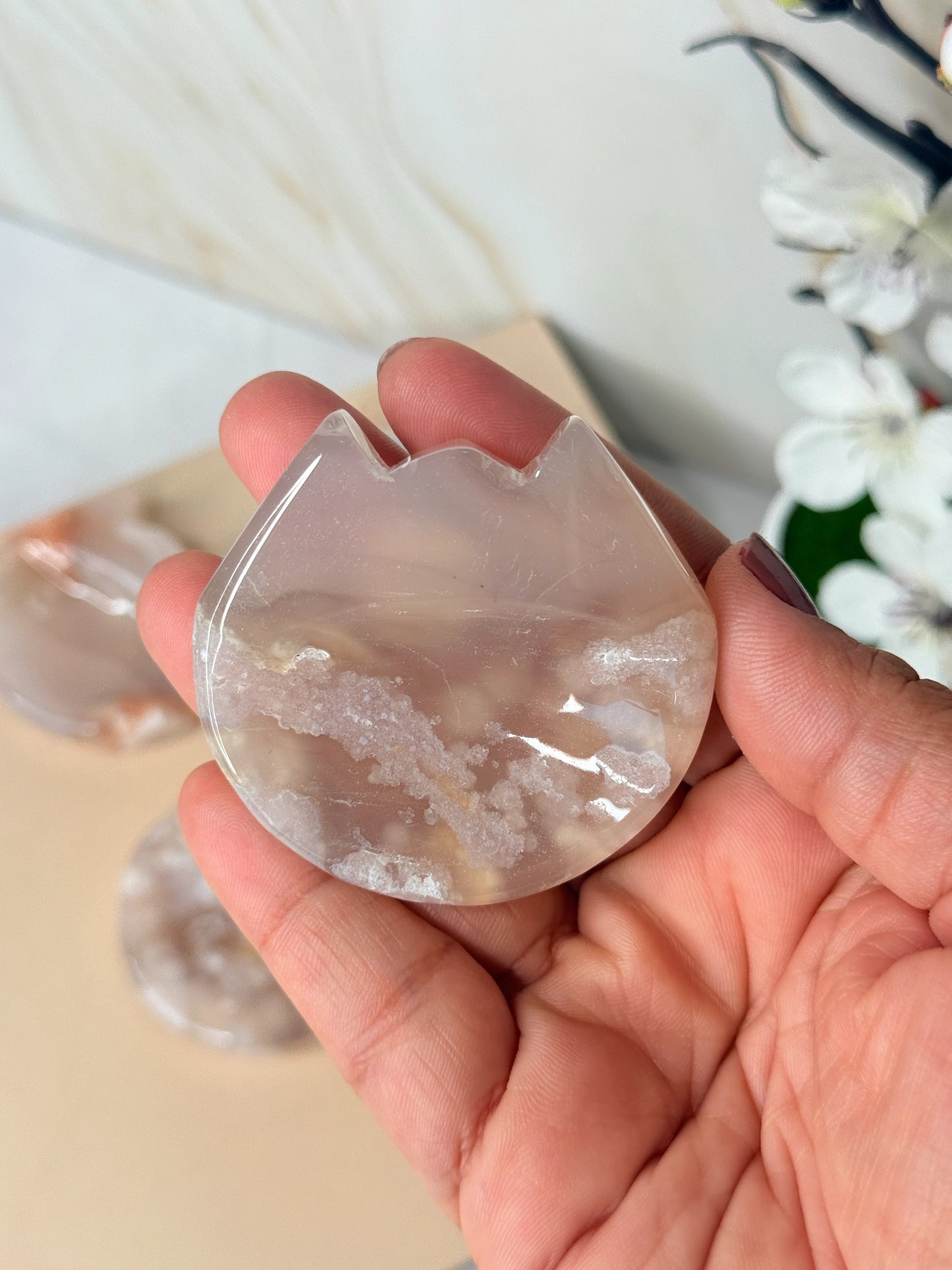 Flower Agate Crystal Cat Dish | Jewelry & Trinket Holder | Heart-Centred Healing Stone