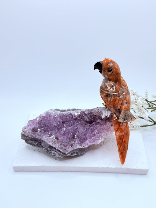 Sunstone Bird on Raw Amethyst Cluster