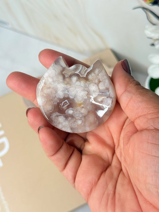 Flower Agate Crystal Cat Dish | Jewelry & Trinket Holder | Heart-Centred Healing Stone