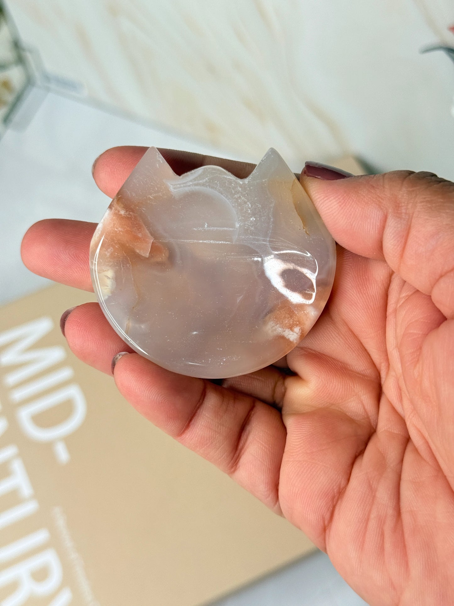 Flower Agate Crystal Cat Dish | Jewelry & Trinket Holder | Heart-Centred Healing Stone